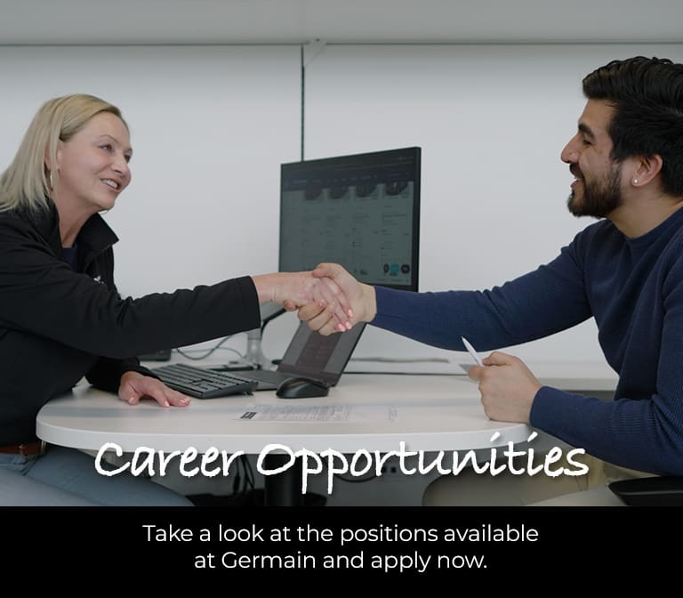Germain employee shaking hands with a job applicant across a desk. Text reads: "Career Opportunities – Take a look at the positions available at Germain and apply now."
